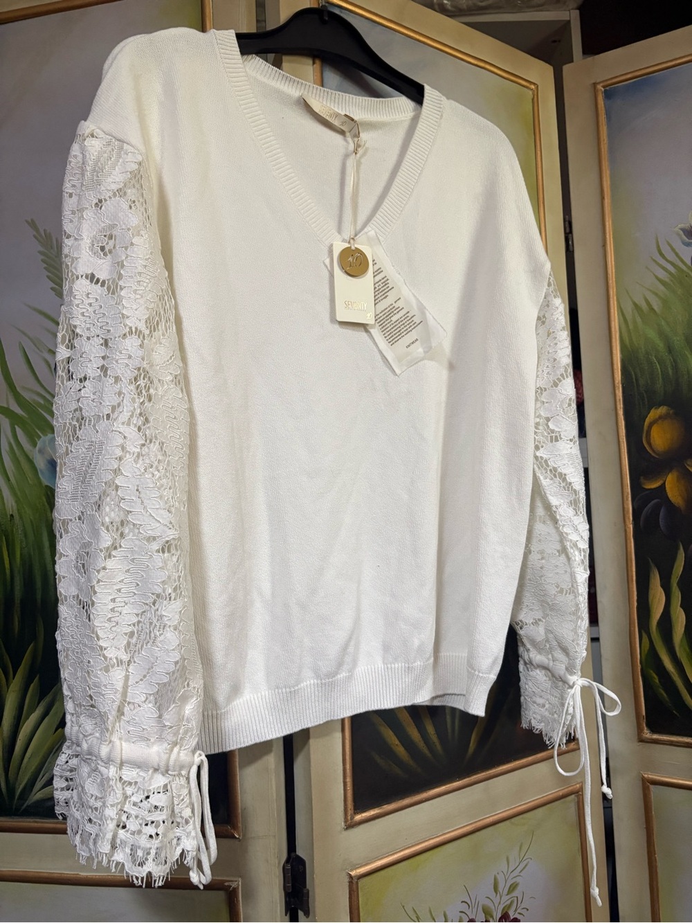 Sevenity Women’s White V-Neck Sweater with Lace Sleeve Detail NWT